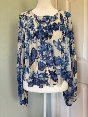 Free People "Up for Anything" Western Shirt in Tea Combo, Blue Floral Size Small